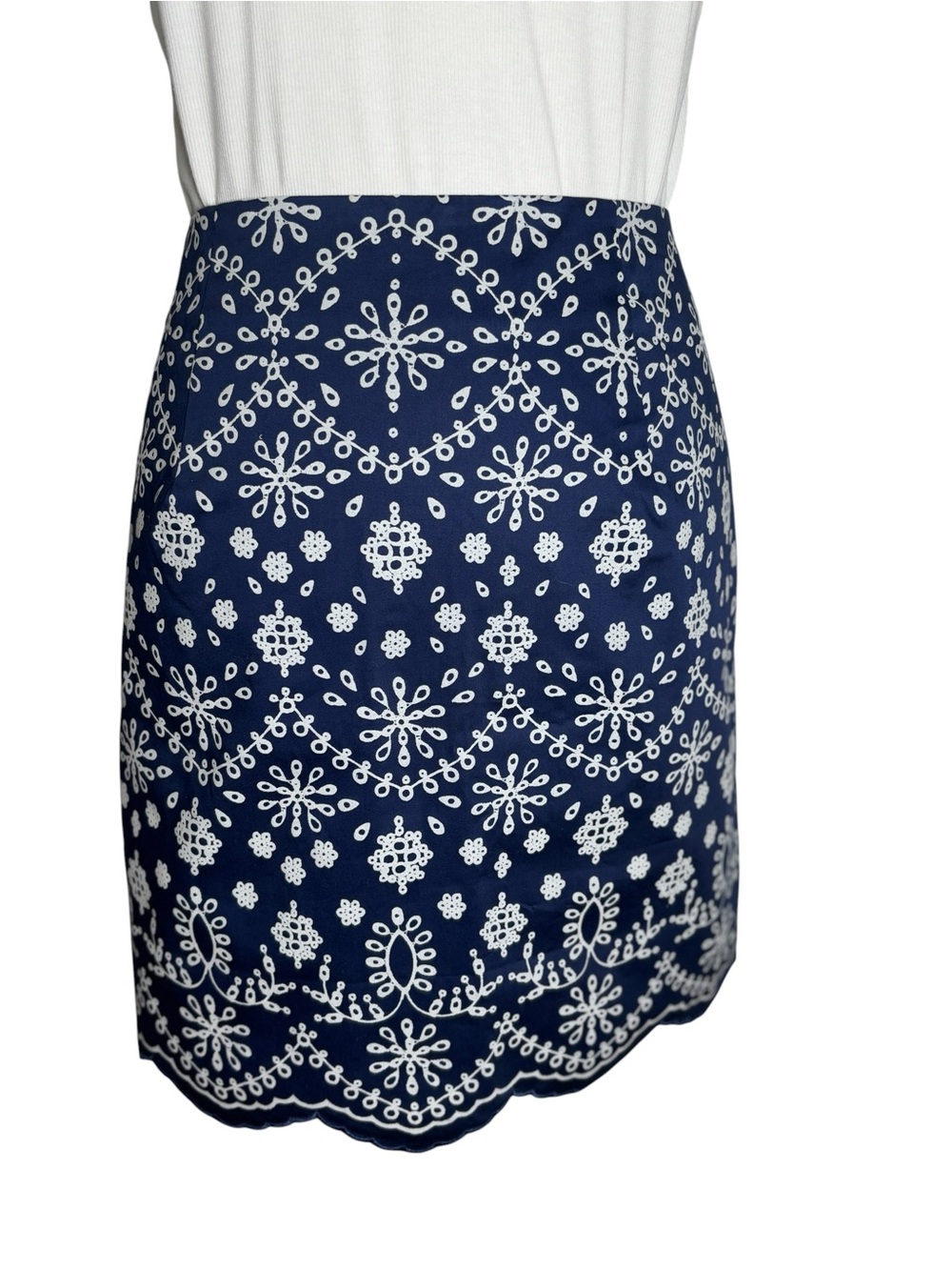 Laundry by Shelli Segal Blue White Embroidered Cotton Mini Skirt Scalloped Hem S - Picture 4 of 8
